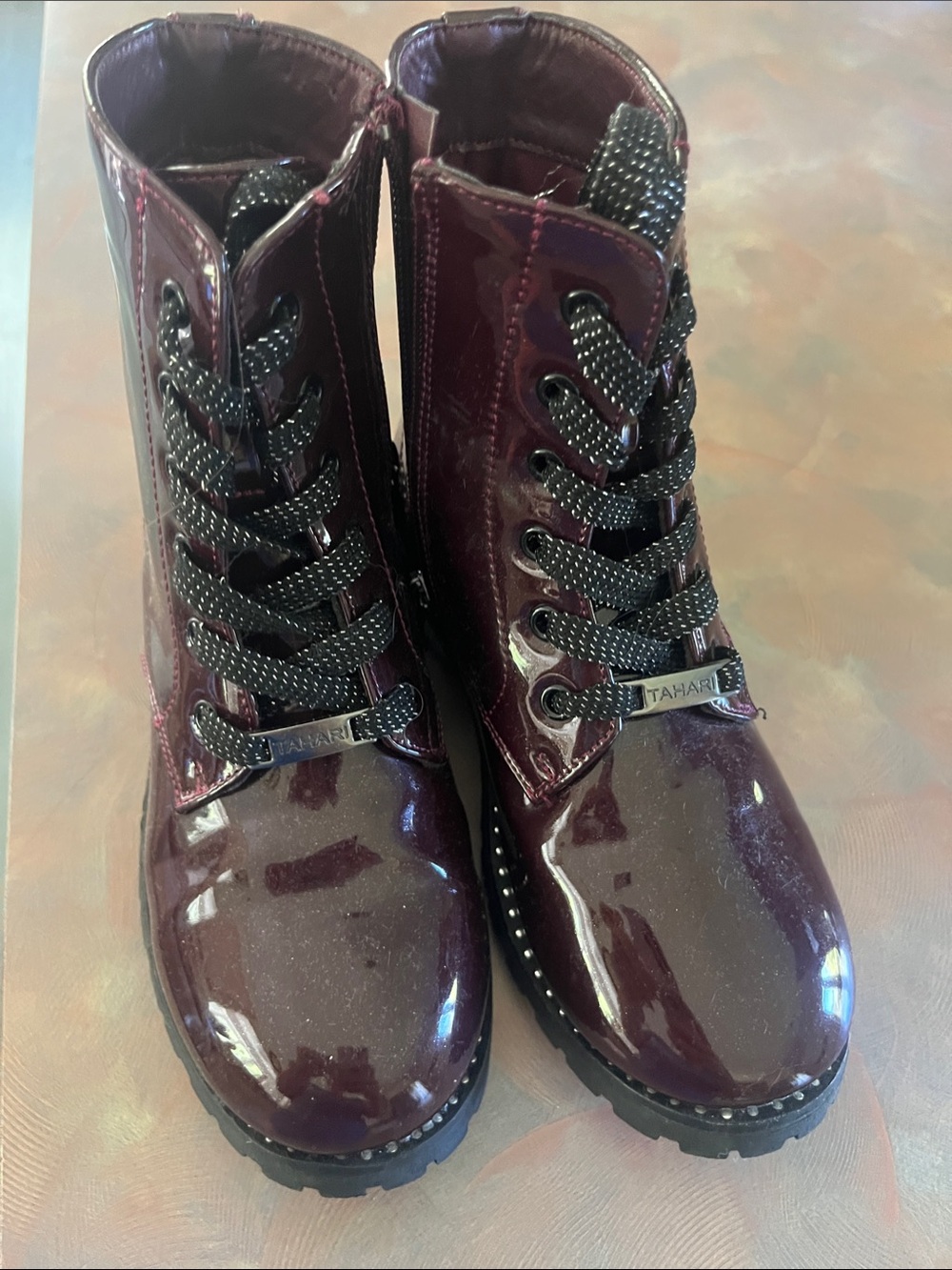 Tahari Kids Lace-Up Patent Boots in Burgundy